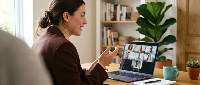 Frau im Home-Office während eines Video-Calls, über die Schulter fotografiert
