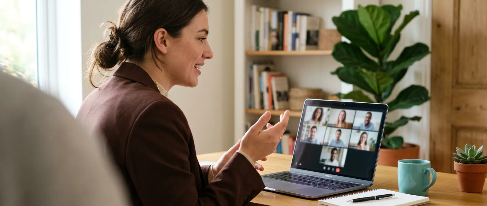 Frau im Home-Office während eines Video-Calls, über die Schulter fotografiert