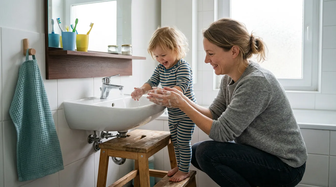 Mutter hilft einem Kleinkind auf einem Hocker beim Händewaschen am Waschbecken