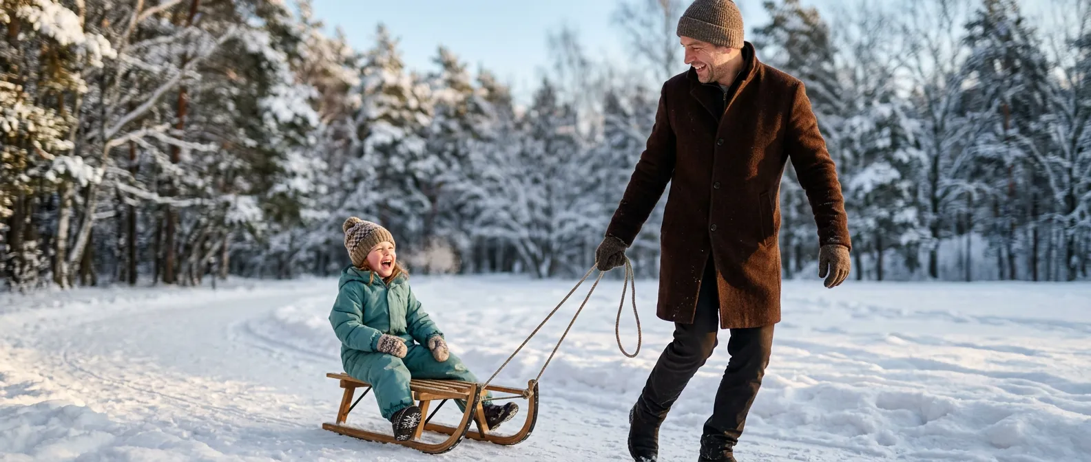 Vater zieht ein Kind auf einem Holzschlitten durch einen verschneiten Park