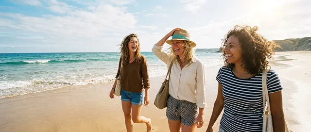 Drei Freundinnen gehen lachend an einem sonnigen Strand entlang