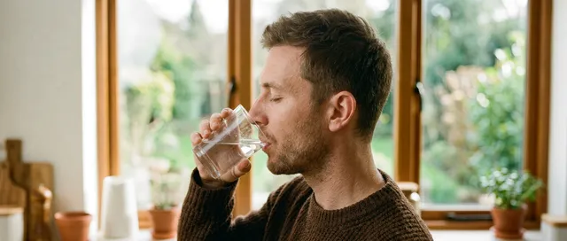 Mann trinkt ein Glas Wasser am Küchenfenster, Nahaufnahme im Profil