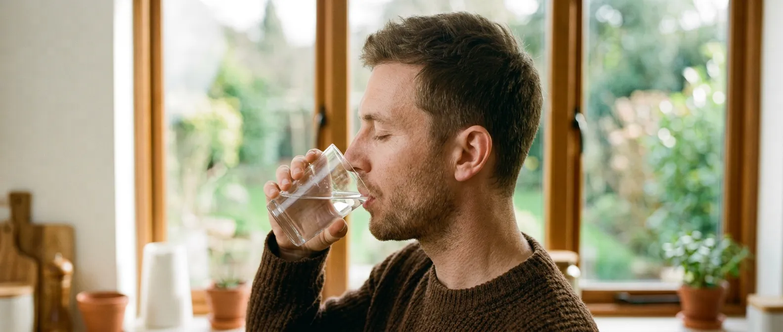 Mann trinkt ein Glas Wasser am Küchenfenster, Nahaufnahme im Profil