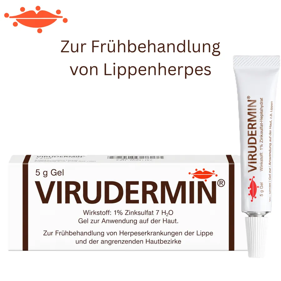 VIRUDERMIN® Gel: Faltschachtel und Tube mit 5 g Gel, daneben der Hinweis „Zur Frühbehandlung von Lippenherpes".
