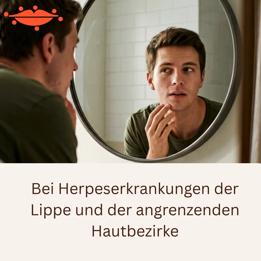 Mann betrachtet im Badezimmerspiegel seine Lippe, dazu der Hinweis „Bei Herpeserkrankungen der Lippe und der angrenzenden Hautbezirke".